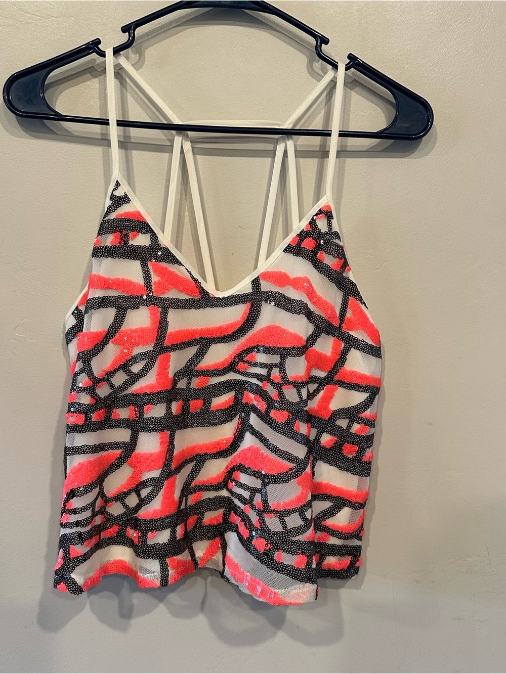 ASTR Women’s M Abstract Print V-Neck Sequined Strappy Spaghetti Strap Cami Top